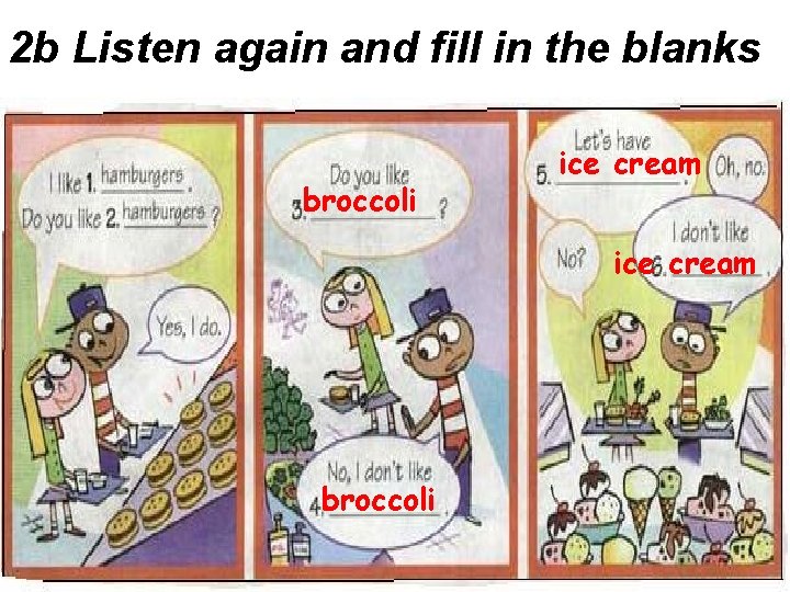 2 b Listen again and fill in the blanks broccoli ice cream iceicecream broccoli