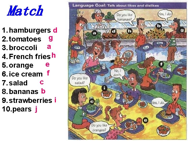 Match 1. hamburgers d 2. tomatoes g 3. broccoli a 4. French fries h