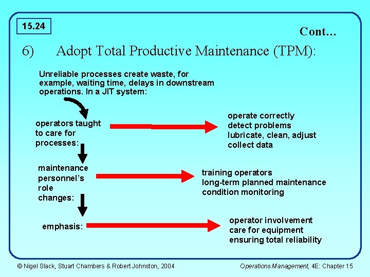 15. 24 6) Cont… Adopt Total Productive Maintenance (TPM): Unreliable processes create waste, for