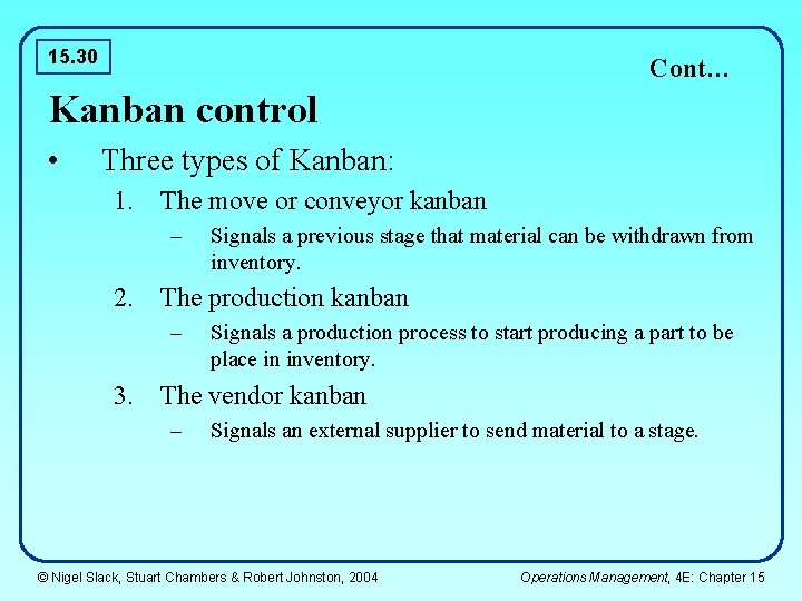 15. 30 Cont… Kanban control • Three types of Kanban: 1. The move or