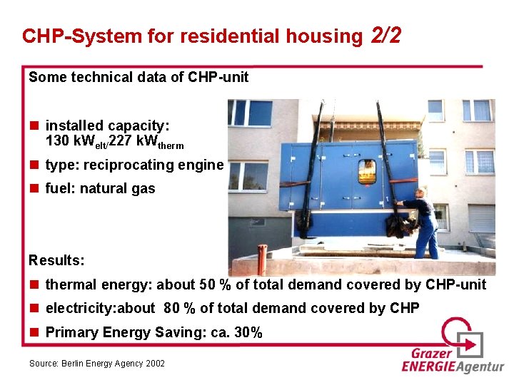 CHP-System for residential housing 2/2 Some technical data of CHP-unit n installed capacity: 130