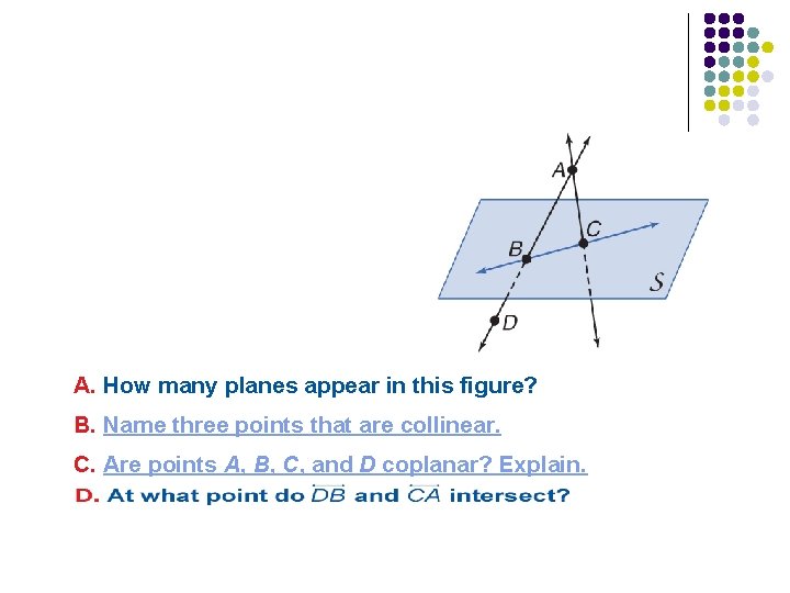 A. How many planes appear in this figure? B. Name three points that are