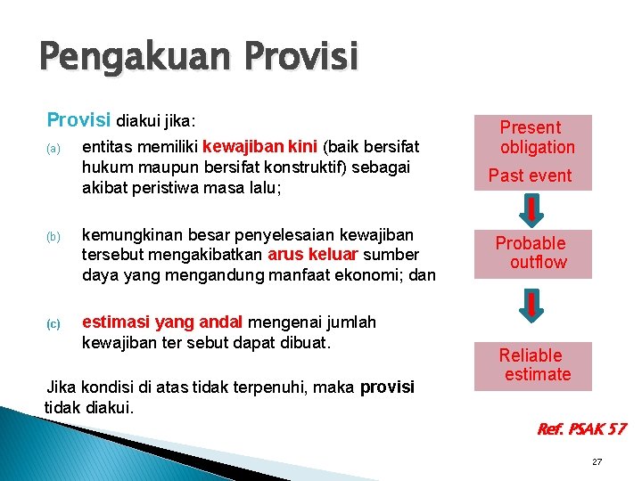 Pengakuan Provisi diakui jika: (a) entitas memiliki kewajiban kini (baik bersifat hukum maupun bersifat