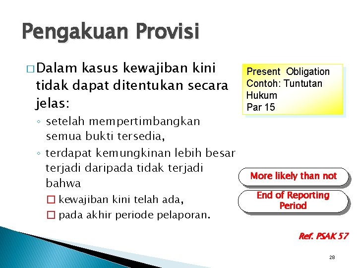 Pengakuan Provisi � Dalam kasus kewajiban kini tidak dapat ditentukan secara jelas: ◦ setelah