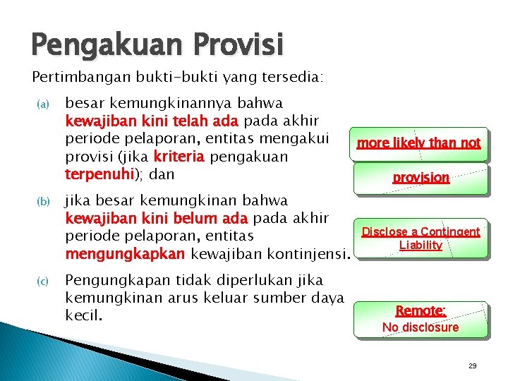 Pengakuan Provisi Pertimbangan bukti-bukti yang tersedia: (a) (b) (c) besar kemungkinannya bahwa kewajiban kini