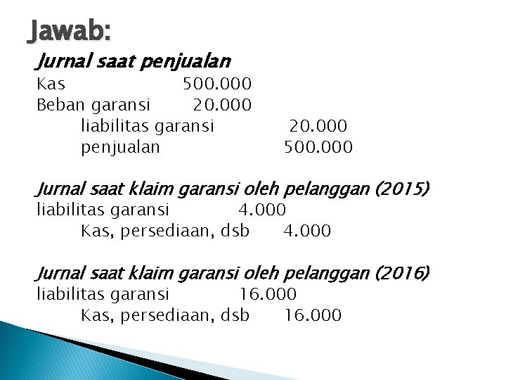 Jawab: Jurnal saat penjualan Kas 500. 000 Beban garansi 20. 000 liabilitas garansi penjualan