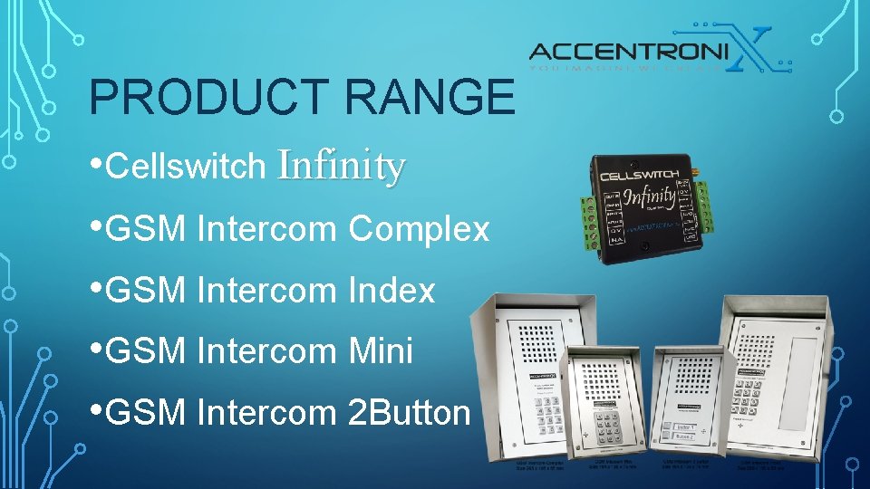 PRODUCT RANGE • Cellswitch Infinity • GSM Intercom Complex • GSM Intercom Index •