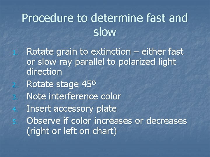 Procedure to determine fast and slow 1. 2. 3. 4. 5. Rotate grain to