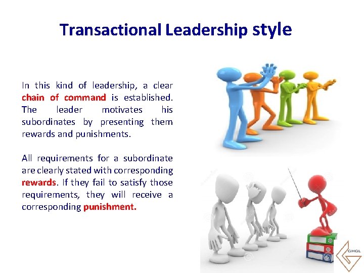 Transactional Leadership style In this kind of leadership, a clear chain of command is