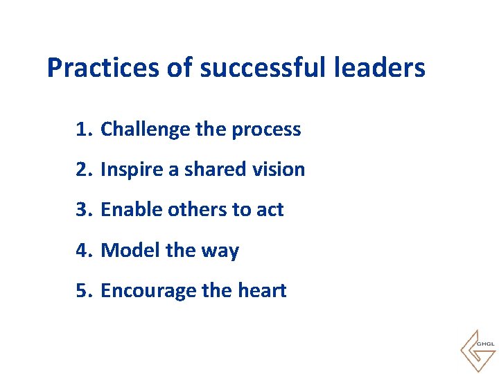 Practices of successful leaders 1. Challenge the process 2. Inspire a shared vision 3.