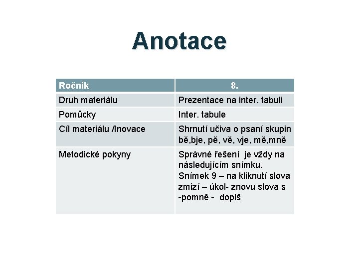 Anotace Ročník 8. Druh materiálu Prezentace na inter. tabuli Pomůcky Inter. tabule Cíl materiálu