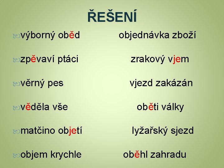 ŘEŠENÍ výborný oběd objednávka zboží zpěvaví ptáci zrakový vjem věrný pes věděla vše matčino