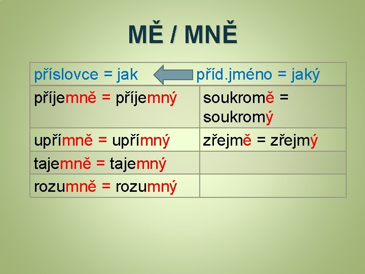 MĚ / MNĚ příslovce = jak příjemně = příjemný upřímně = upřímný tajemně =