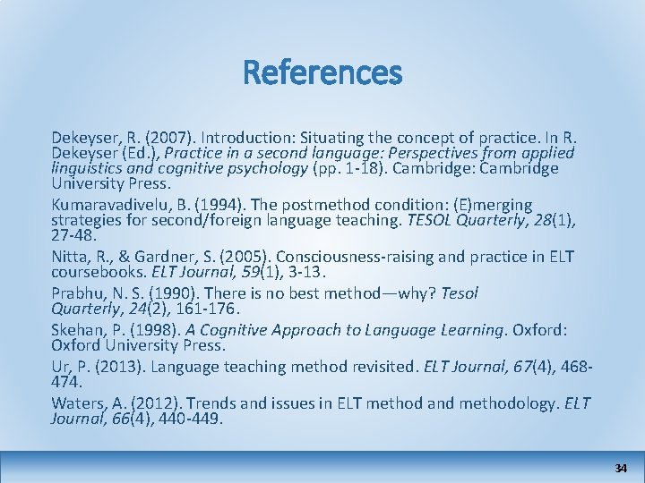 References Dekeyser, R. (2007). Introduction: Situating the concept of practice. In R. Dekeyser (Ed.