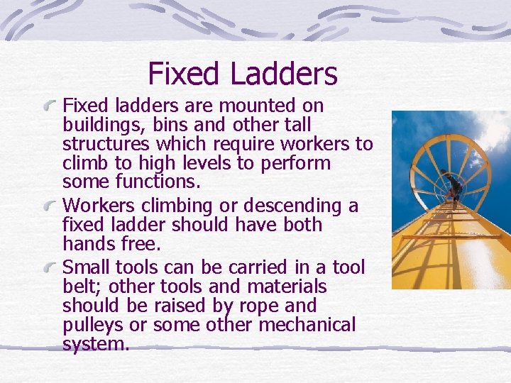 Fixed Ladders Fixed ladders are mounted on buildings, bins and other tall structures which