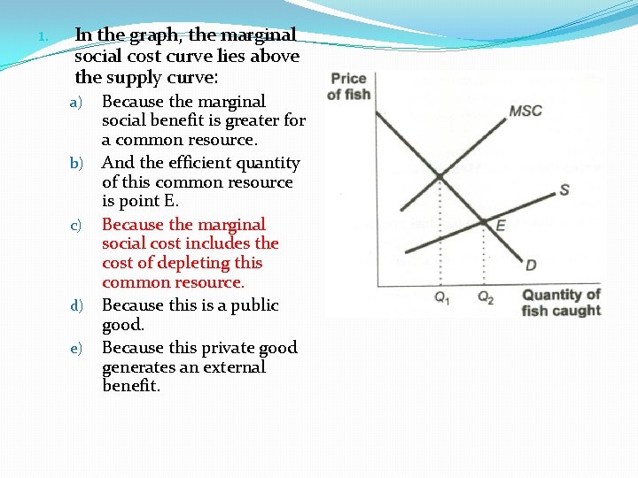 1. In the graph, the marginal social cost curve lies above the supply curve: