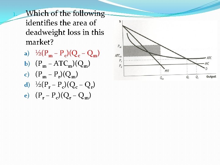 1. Which of the following identifies the area of deadweight loss in this market?