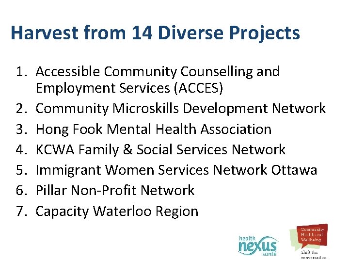 Harvest from 14 Diverse Projects 1. Accessible Community Counselling and Employment Services (ACCES) 2.