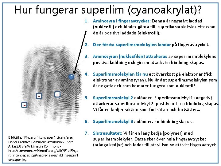 Hur fungerar superlim (cyanoakrylat)? 1. Aminosyra i fingeravtrycket: Denna är negativt laddad (nukleofil) och
