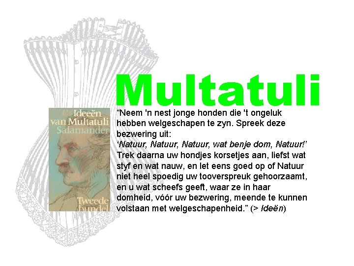 Multatuli “Neem 'n nest jonge honden die 't ongeluk hebben welgeschapen te zyn. Spreek
