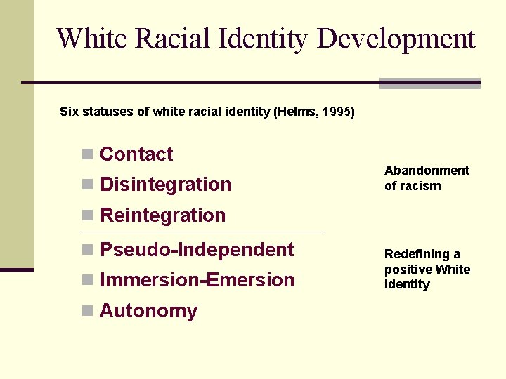 White Racial Identity Development Six statuses of white racial identity (Helms, 1995) n Contact