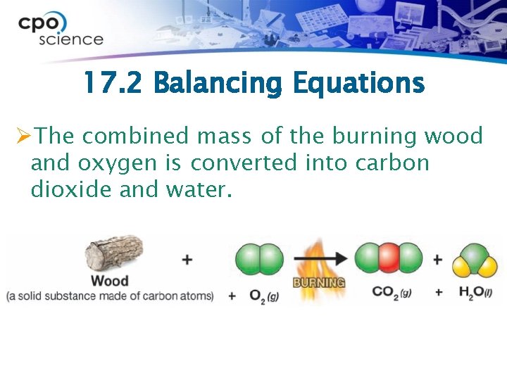 17. 2 Balancing Equations ØThe combined mass of the burning wood and oxygen is