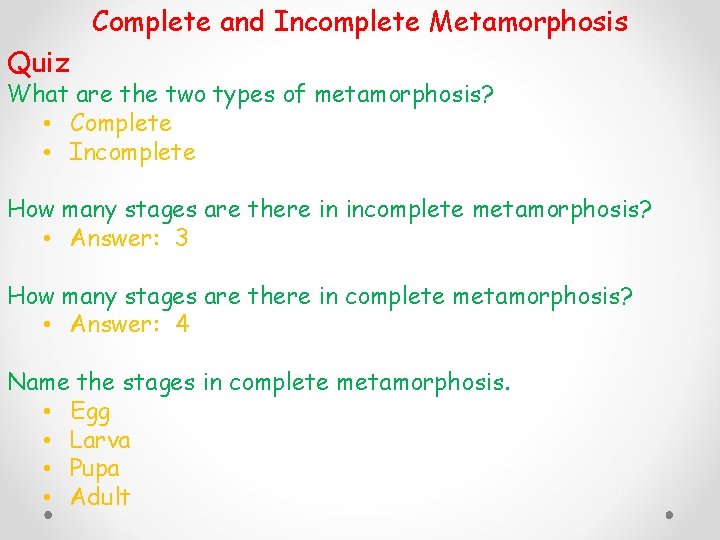 Complete and Incomplete Metamorphosis Quiz What are the two types of metamorphosis? • Complete