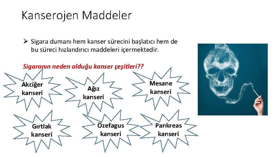 Kanserojen Maddeler Ø Sigara dumanı hem kanser sürecini başlatıcı hem de bu süreci hızlandırıcı