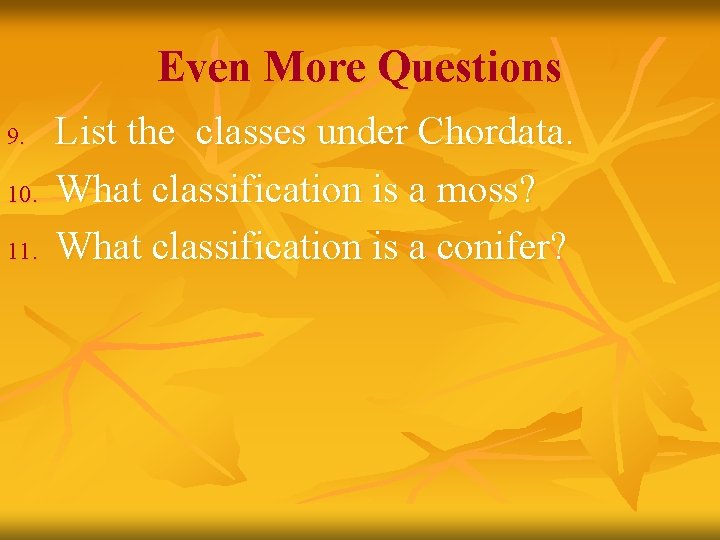 Even More Questions 9. 10. 11. List the classes under Chordata. What classification is