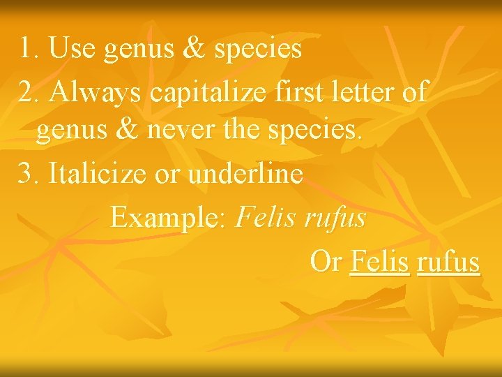 1. Use genus & species 2. Always capitalize first letter of genus & never
