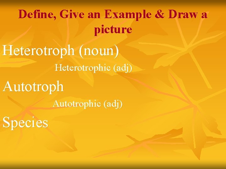 Define, Give an Example & Draw a picture Heterotroph (noun) Heterotrophic (adj) Autotrophic (adj)