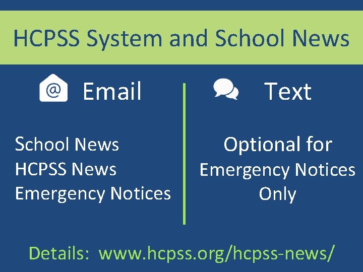 HCPSS System and School News Email School News HCPSS News Emergency Notices Text Optional