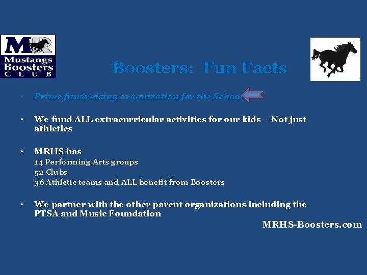 Boosters: Fun Facts • Prime fundraising organization for the School • We fund ALL
