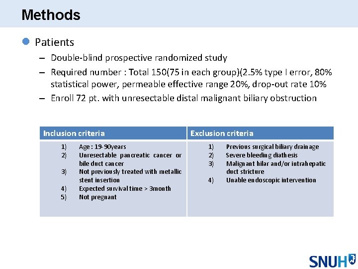 Methods l Patients – Double-blind prospective randomized study – Required number : Total 150(75