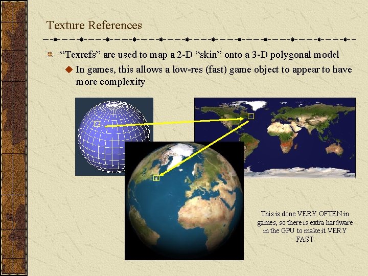 Texture References “Texrefs” are used to map a 2 -D “skin” onto a 3