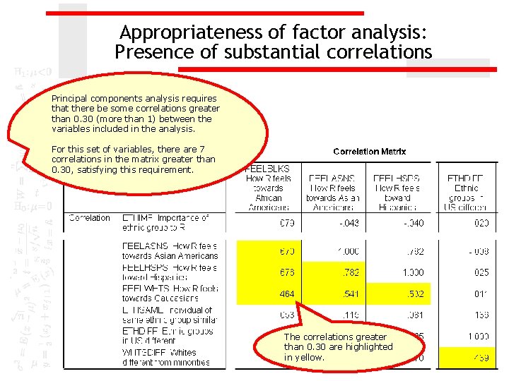 Appropriateness of factor analysis: Presence of substantial correlations Principal components analysis requires that there