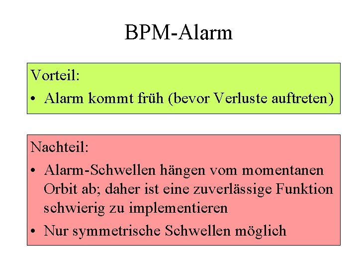 BPM-Alarm Vorteil: • Alarm kommt früh (bevor Verluste auftreten) Nachteil: • Alarm-Schwellen hängen vom