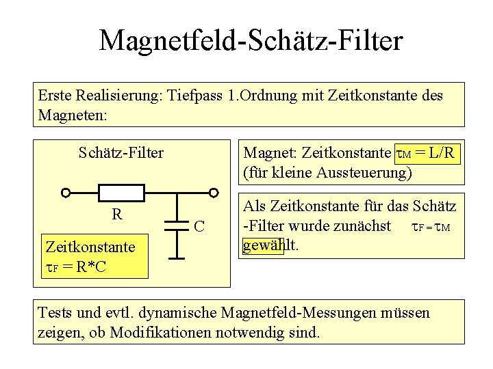 Magnetfeld-Schätz-Filter Erste Realisierung: Tiefpass 1. Ordnung mit Zeitkonstante des Magneten: Schätz-Filter Magnet: Zeitkonstante M