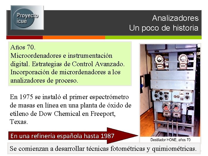 Analizadores Un poco de historia Años 70. Microordenadores e instrumentación digital. Estrategias de Control