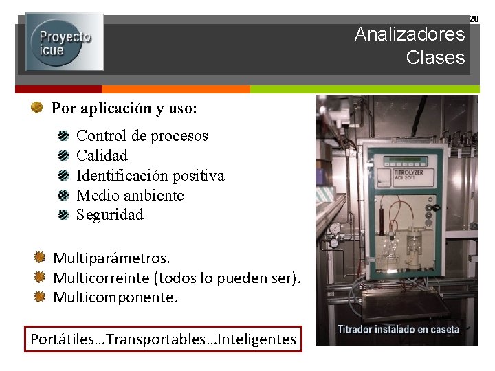 Analizadores Clases Por aplicación y uso: Control de procesos Calidad Identificación positiva Medio ambiente