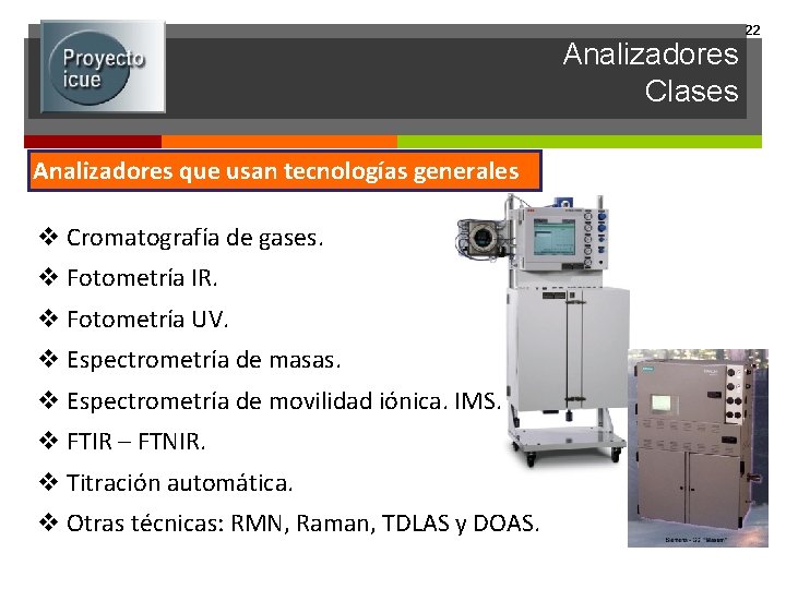 Analizadores Clases Analizadores que usan tecnologías generales v Cromatografía de gases. v Fotometría IR.