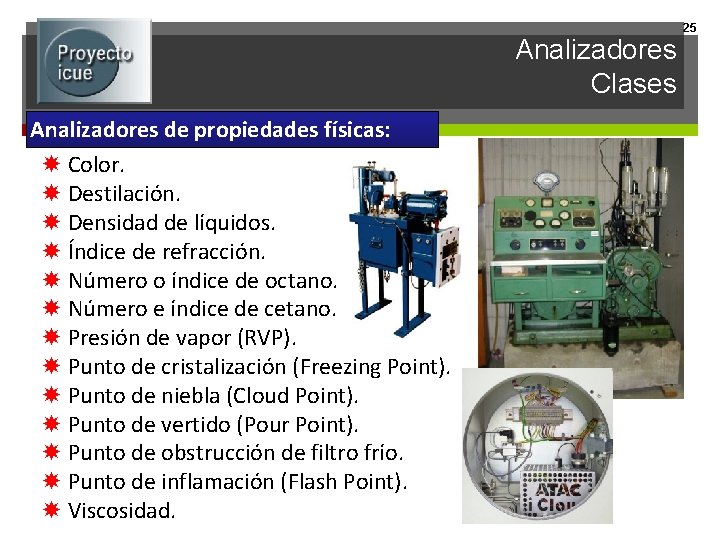 Analizadores Clases Analizadores de propiedades físicas: Color. Destilación. Densidad de líquidos. Índice de refracción.