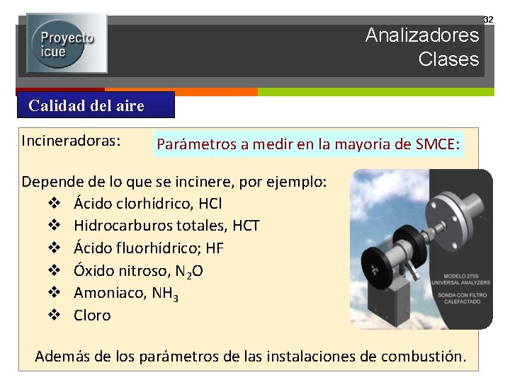 Analizadores Clases Calidad del aire Incineradoras: Parámetros a medir en la mayoría de SMCE: