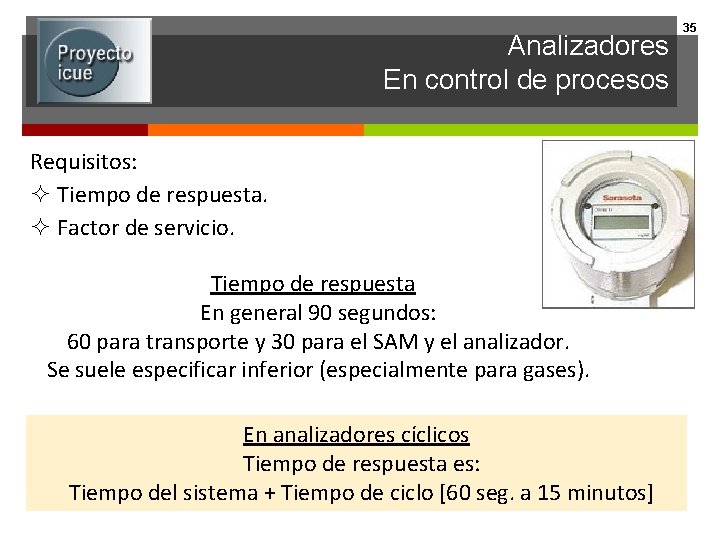 Analizadores En control de procesos Requisitos: ² Tiempo de respuesta. ² Factor de servicio.