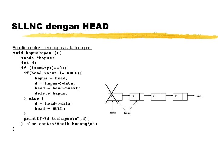 SLLNC dengan HEAD Function untuk menghapus data terdepan void hapus. Depan (){ TNode *hapus;