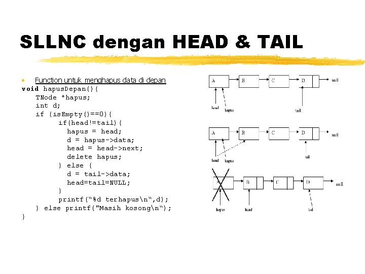 SLLNC dengan HEAD & TAIL • Function untuk menghapus data di depan void hapus.