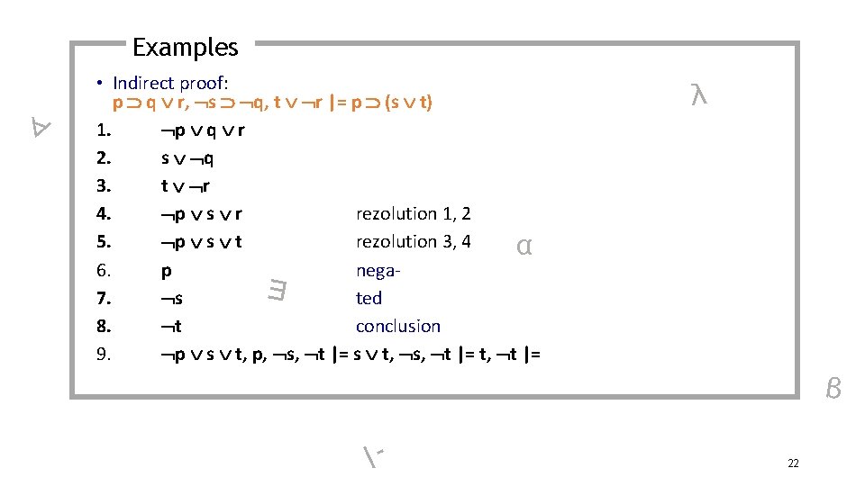 Examples ∀ • Indirect proof: p q r, s q, t r |= p