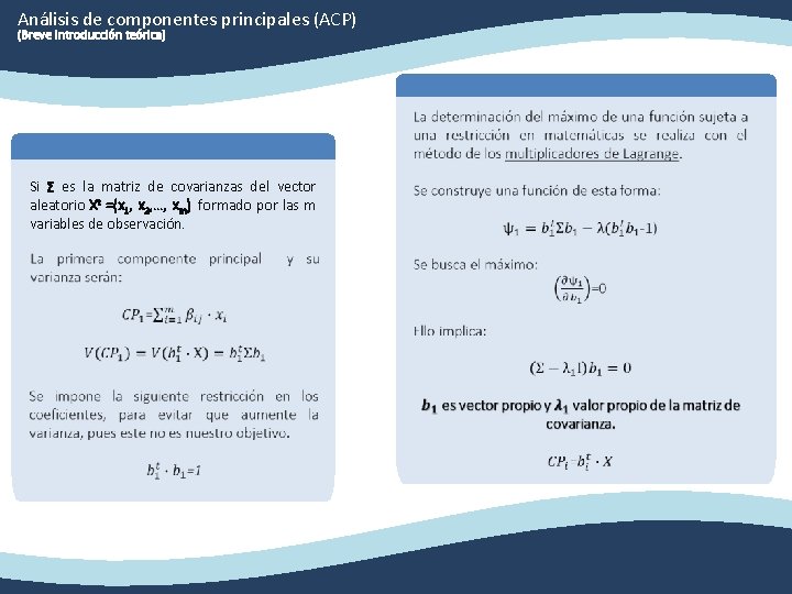 Análisis de componentes principales (ACP) (Breve introducción teórica) Si Σ es la matriz de