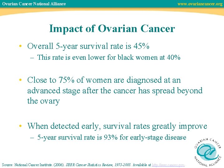 Ovarian Cancer National Alliance www. ovariancancer. org Impact of Ovarian Cancer • Overall 5