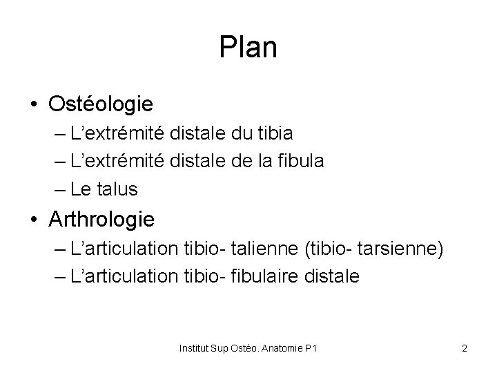 Plan • Ostéologie – L’extrémité distale du tibia – L’extrémité distale de la fibula